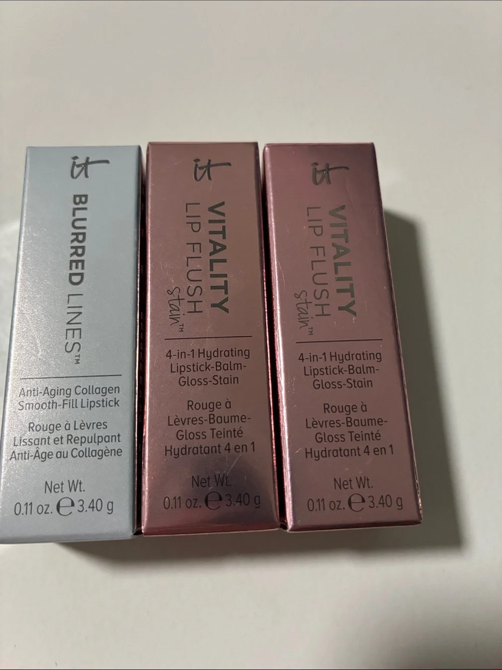 it cosmetics Vitality Lip Flush Trio Packaging in Rose and Silver Tones